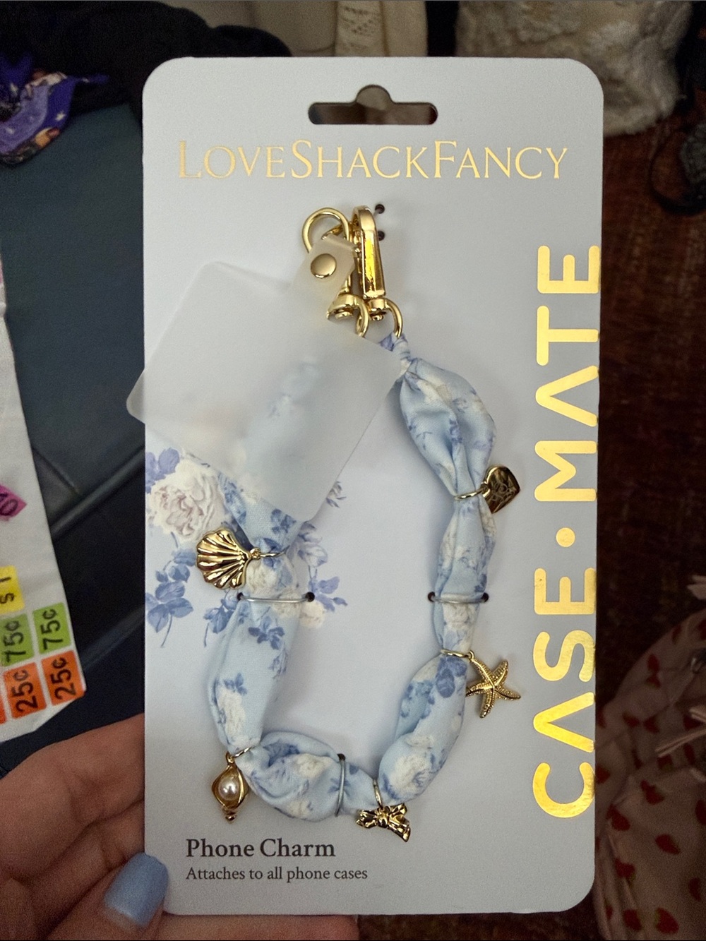LoveShackFancy Light Blue Floral Phone Charm with Gold Accents